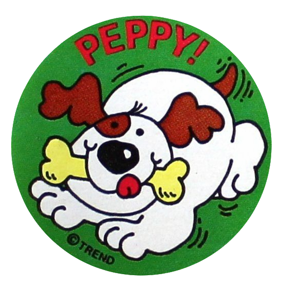 A round green sticker with red text reading Peppy! above an excited brown and white cartoon dog holding a bone. The sticker was originally peppermint scented and was produced by Trend in the 90s.