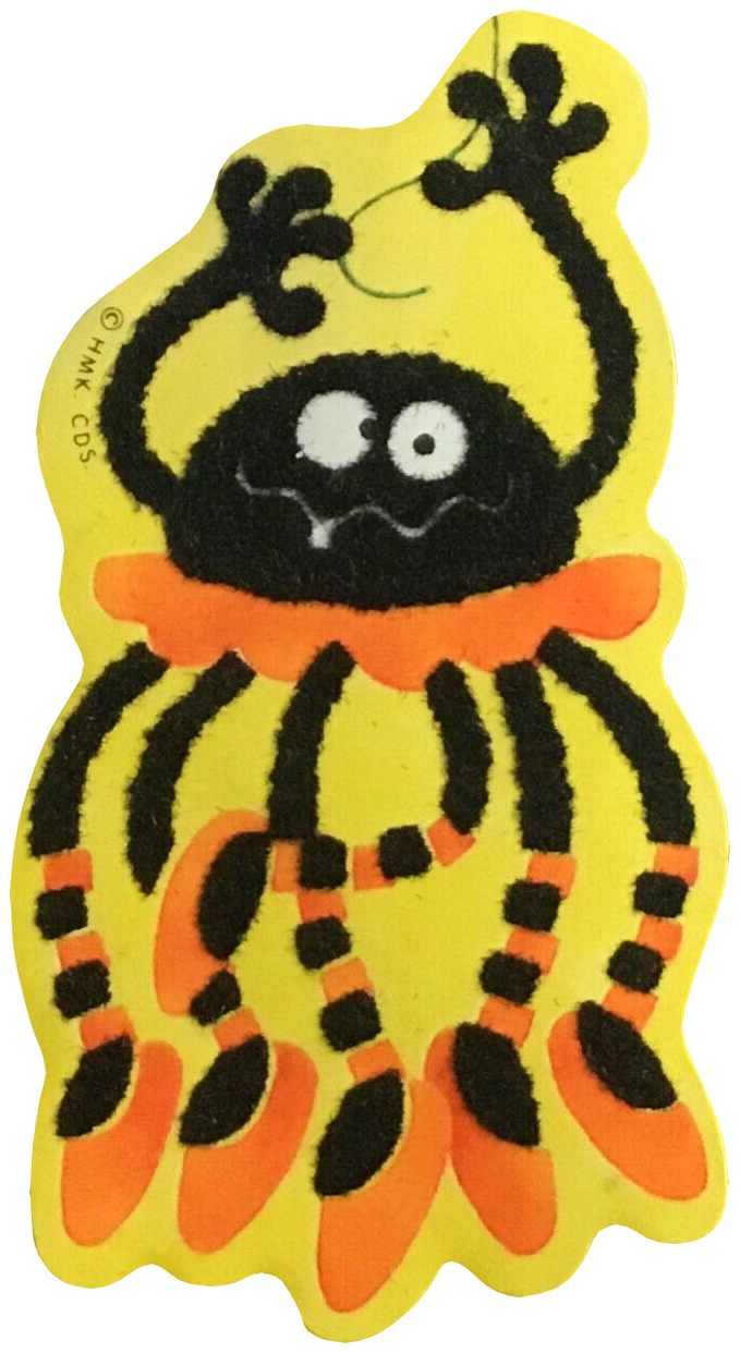 A sticker featuring a black cartoon spider wearing an orange tutu and ballet slippers hanging from a thread. Made in 1985 by hallmark cards as part of their Stick-R-Treats range